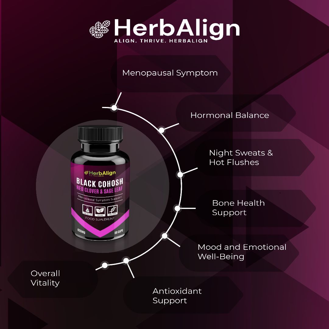 Herbalign Black Cohosh Menopause Relief Capsules with Sage Leaf & Red Clover – Natural Support for Hot Flushes, Night Sweats & Hormonal Balance