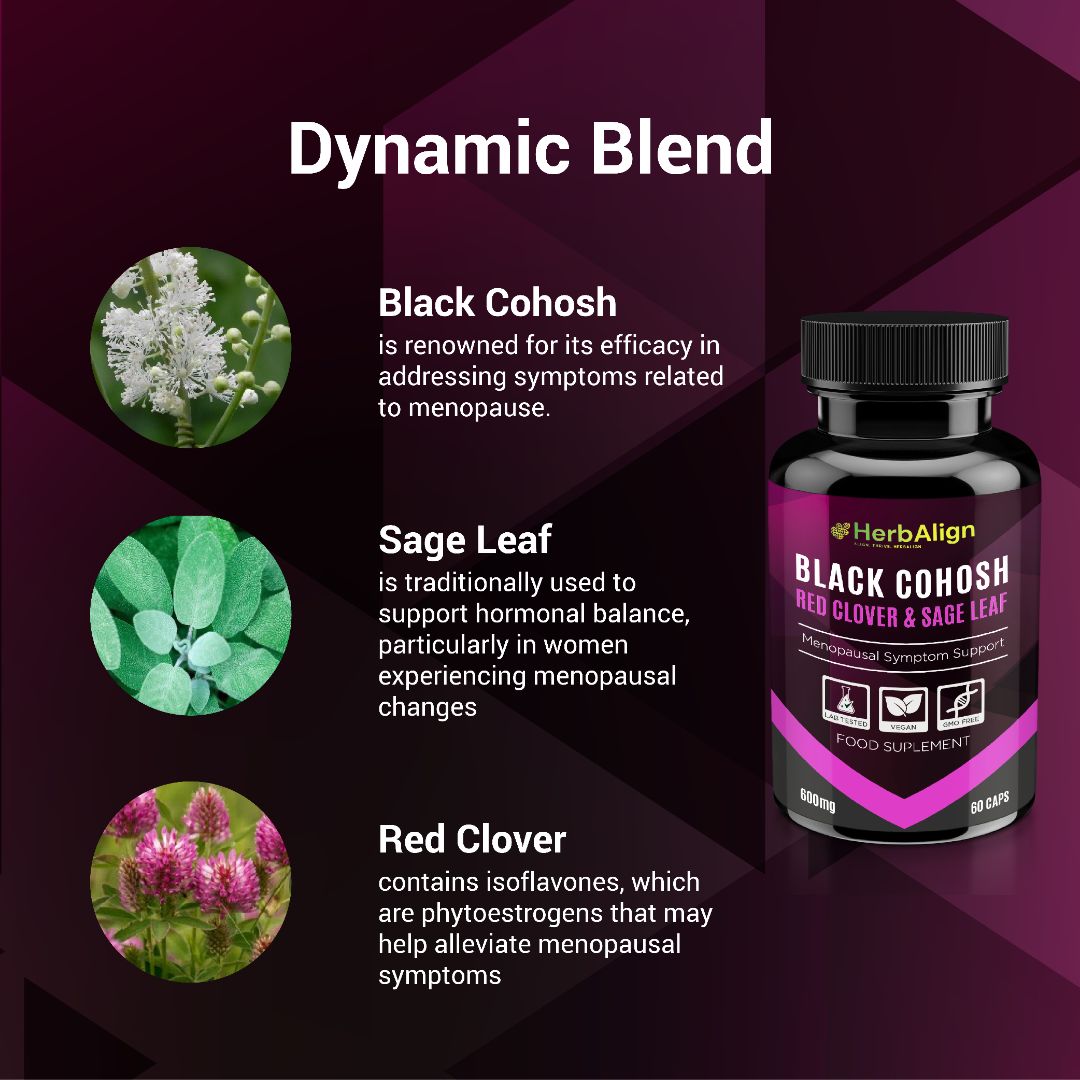 Herbalign Black Cohosh Menopause Relief Capsules with Sage Leaf & Red Clover – Natural Support for Hot Flushes, Night Sweats & Hormonal Balance