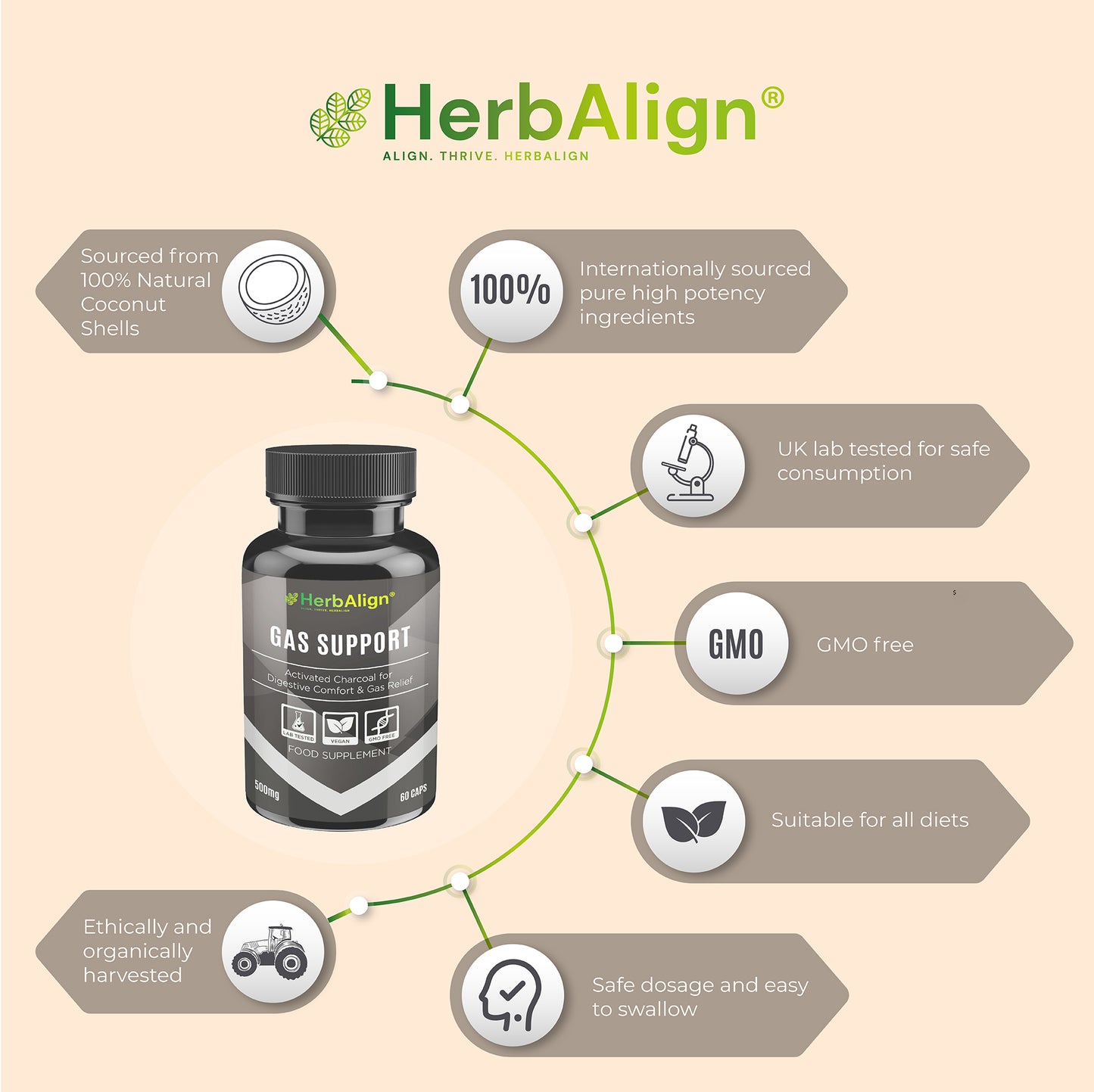 Herbalign Gas Support Capsules – 1000mg Activated Charcoal for Bloating, Digestive Relief & Gut Health