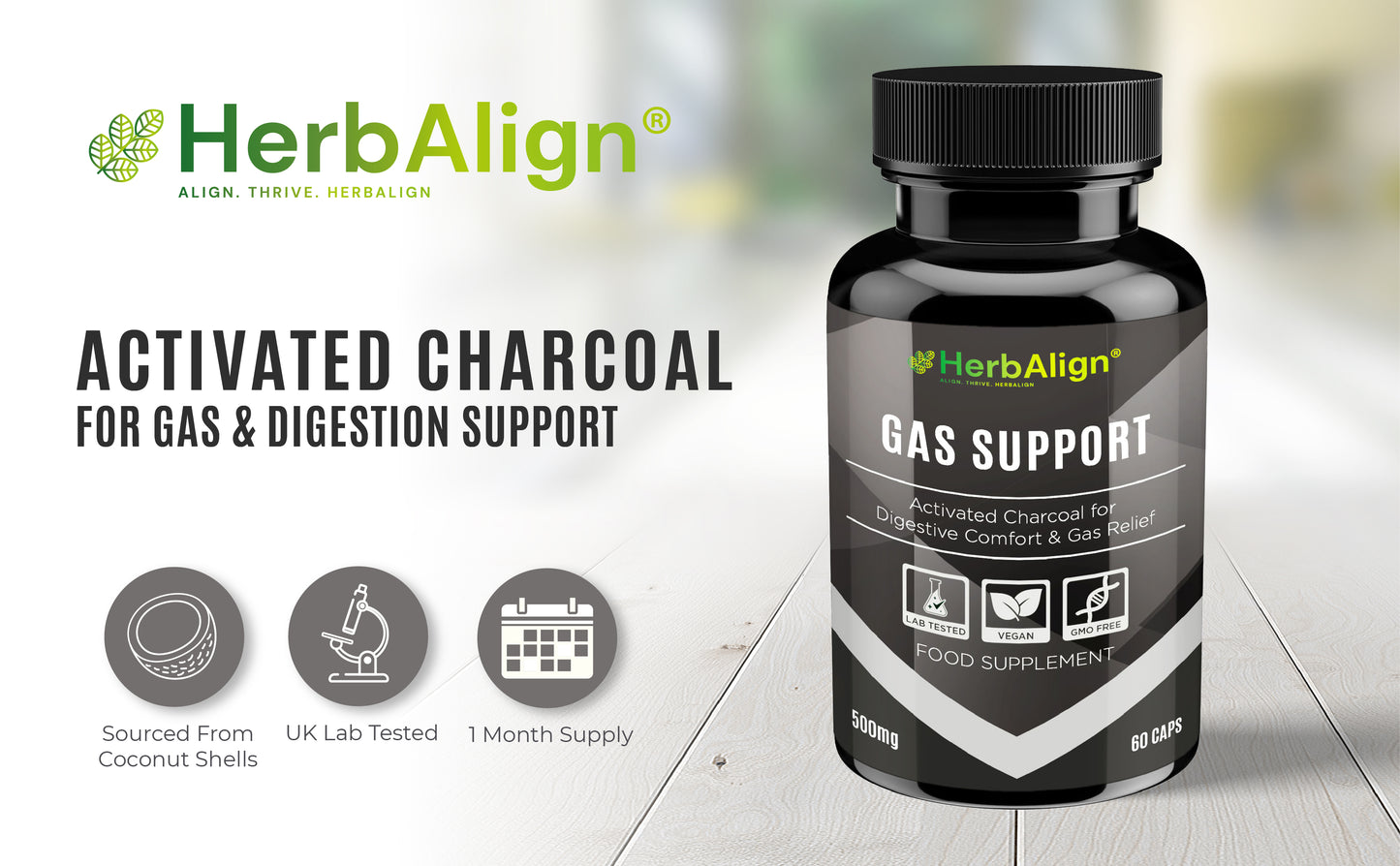 Herbalign Gas Support Capsules – 1000mg Activated Charcoal for Bloating, Digestive Relief & Gut Health