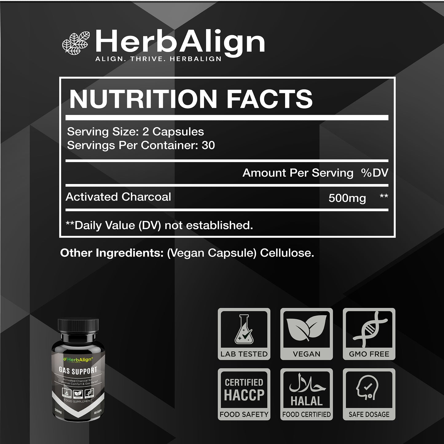 Herbalign Gas Support Capsules – 1000mg Activated Charcoal for Bloating, Digestive Relief & Gut Health